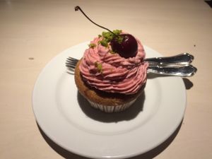 Almond muffin with raspberry cream  at Vegan Restoran V in Tallinn