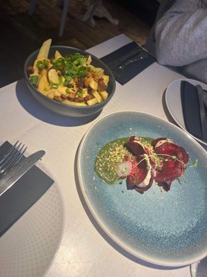 Beetroot ravioli and chips for starters  at Vegan Restoran V in Tallinn