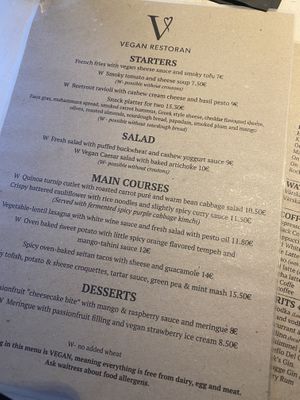 Menu (more desserts available in cabinet)  at Vegan Restoran V in Tallinn