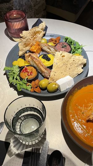 Shared snack platter and ”cheesy” tomato soup 🤤  at Vegan Restoran V in Tallinn