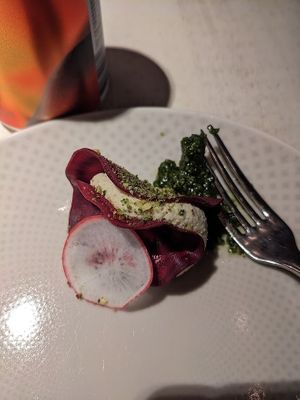 The beet appetizer with cheese filling--so good! at Vegan Restoran V in Tallinn