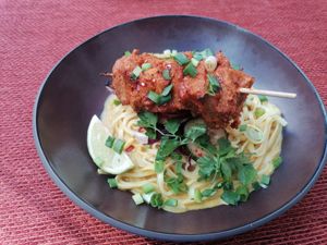 Noodles with soy skewers at Vegan Restoran V in Tallinn
