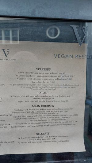 Menu at Vegan Restoran V in Tallinn