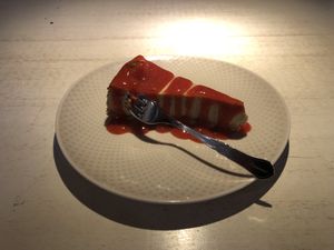 Tofu cake with strawberry syrup   at Vegan Restoran V in Tallinn