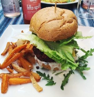 chickpea beetroot burger at Vegan Restoran V in Tallinn