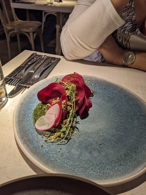 Beetroot ravioli at Vegan Restoran V in Tallinn