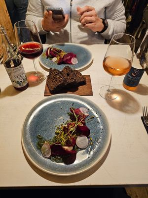 Beetroot ravioli with cashew cheese and Estonian black bread "leib" at Vegan Restoran V in Tallinn