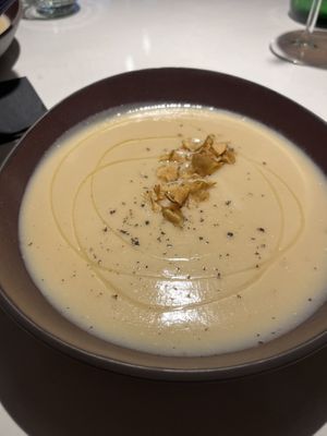 Cauliflower+ Artichoke Soup with Trouffel Oil ❤️  at Vegan Restoran V in Tallinn