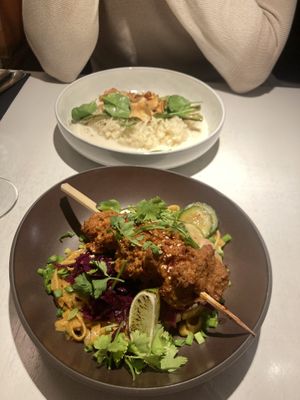 Rizotto and soy scewers with noodles  at Vegan Restoran V in Tallinn