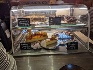 Cake display at Vegan Restoran V in Tallinn