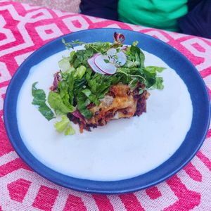 Lentil lasagne with creamy sauce at Vegan Restoran V in Tallinn