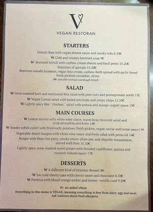 Vegan Restoran- Menu at Vegan Restoran V in Tallinn