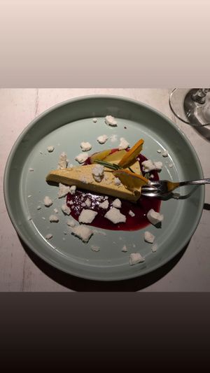 Yummy!  Ice-cold orange cake with blackberry mulled wine sauce and meringue at Vegan Restoran V in Tallinn