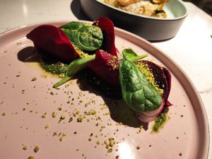 Beetroot ravioli at Vegan Restoran V in Tallinn