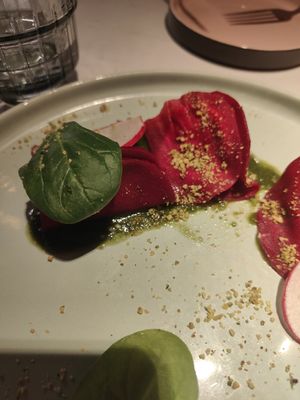 Beetroot ravioli with cashew sheese starter at Vegan Restoran V in Tallinn