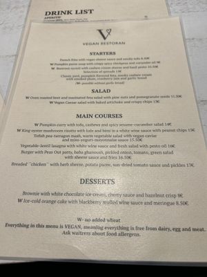 Menu  at Vegan Restoran V in Tallinn