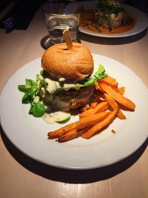 “Fish burger” with sweet potatoes  at Vegan Restoran V in Tallinn