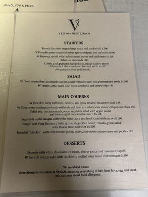 Menu  at Vegan Restoran V in Tallinn