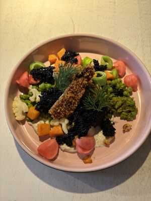 Tofish with vegan caviarr  at Vegan Restoran V in Tallinn