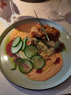 breaded "chicken" dish with mashed potatoes at Vegan Restoran V in Tallinn