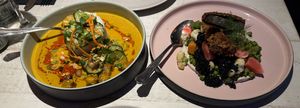 Pumpkin Curry & Tofu (“fish”) main dishes   at Vegan Restoran V in Tallinn