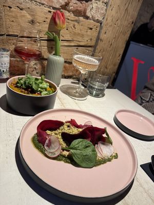 Pumpkin soup. Beetroot with cashew cream.  at Vegan Restoran V in Tallinn