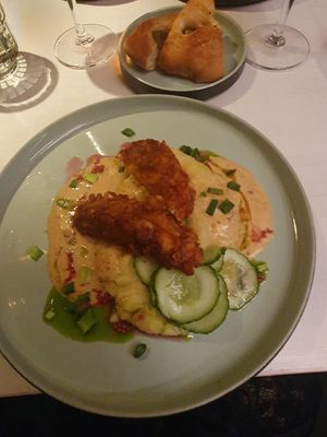 &quot;Chicken&quot; strips with potato puree and sun dried tomato sauce. at Vegan Restoran V in Tallinn
