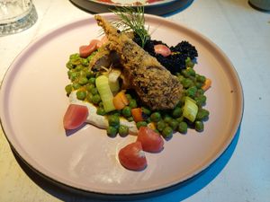 Tofish pea-tarragon mash, warm vegetable salad with vegan  caviar and miso-yogurt-mayonnaise sauce at Vegan Restoran V in Tallinn