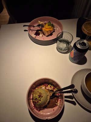 Blood orange ice cake (top), Dubai dessert (bottom) at Vegan Restoran V in Tallinn