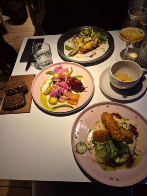 Lentil lasagna (top), BBQ skewer (middle), Breaded chicken (bottom) at Vegan Restoran V in Tallinn