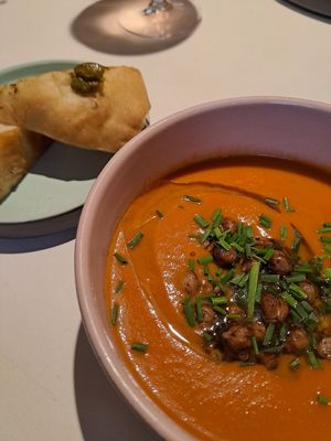 Paprika soup with focaccia at Vegan Restoran V in Tallinn