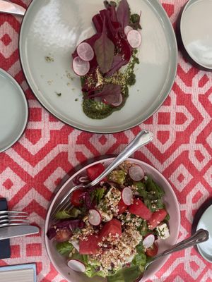Beetroot ravioli and watermelon feta salad   at Vegan Restoran V in Tallinn