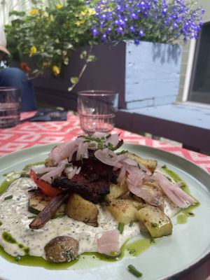 Teriyaki soy skewers with taiziki sauce   at Vegan Restoran V in Tallinn