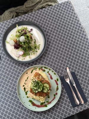 Lasagna and breaded ”chicken"  at Vegan Restoran V in Tallinn