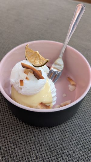 Lime pavlova with coconut ice-cream. at Vegan Restoran V in Tallinn