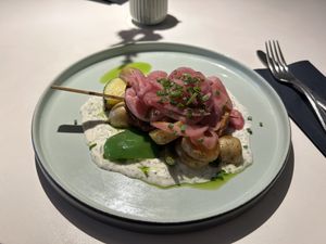 Main course, potatoes and soya skewer  at Vegan Restoran V in Tallinn