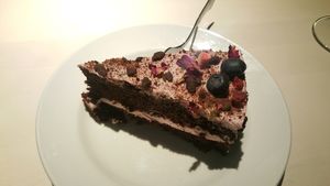 Raspberry sponge cake at Vegan Restoran V in Tallinn