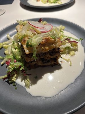 Vegan lasagna with white whine sauce  at Vegan Restoran V in Tallinn