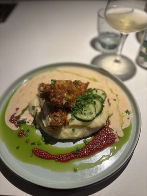 Breaded "chicken" with herb sheese, potato puree, sun-dried tomatoes and pickles (€ 18,-)  at Vegan Restoran V in Tallinn