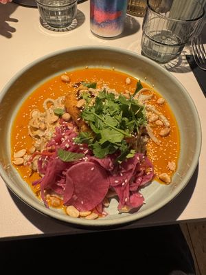 Korean-style Mati's chickenless fillet
(with rice noodles and shiitake–coconut sauce)  at Vegan Restoran V in Tallinn