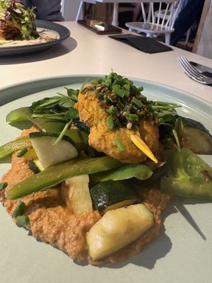 Spicy skewers on Muhammara  at Vegan Restoran V in Tallinn