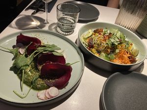 Beetroot ravioli and cold noodle appetizer   at Vegan Restoran V in Tallinn