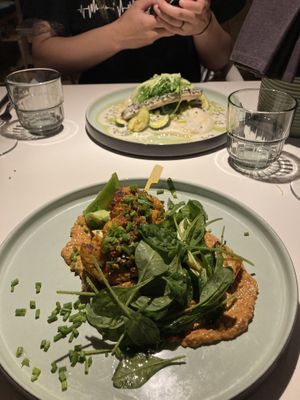 Spicy soy skewers (front) and fishless filet (back)  at Vegan Restoran V in Tallinn