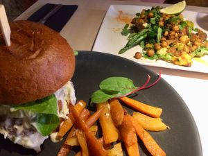 Spicy chickpea & sweet potato - Oven roasted pepper, walnut & chickpea burger at Vegan Restoran V in Tallinn