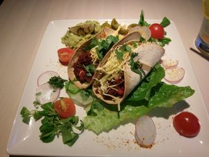 Spicy oven-baked seitan tacos with cheese and guacamole 9.80 €
 at Vegan Restoran V in Tallinn