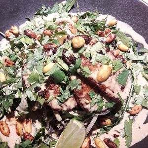 Salad with tempeh and peanut sauce at Vegan Restoran V in Tallinn