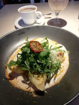 Pasta shells filled with tofu in a white wine sauce at Vegan Restoran V in Tallinn