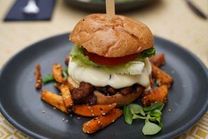 Truffle burger - yum! at Vegan Restoran V in Tallinn