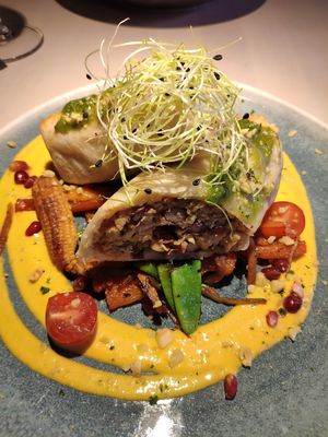 Burritto w/ Tofu-bean filling, mango sauce and Griller vegetables at Vegan Restoran V in Tallinn