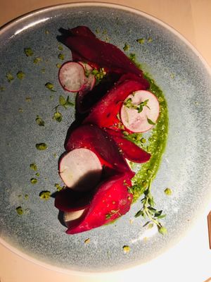 beetroot ravioli with cashew cheese  at Vegan Restoran V in Tallinn